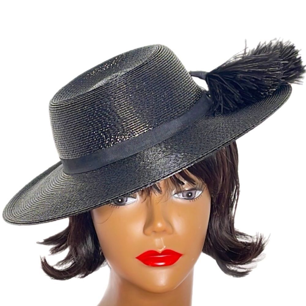 Vintage 60s Black Straw Hat with Feather Plume - Picture 2 of 15